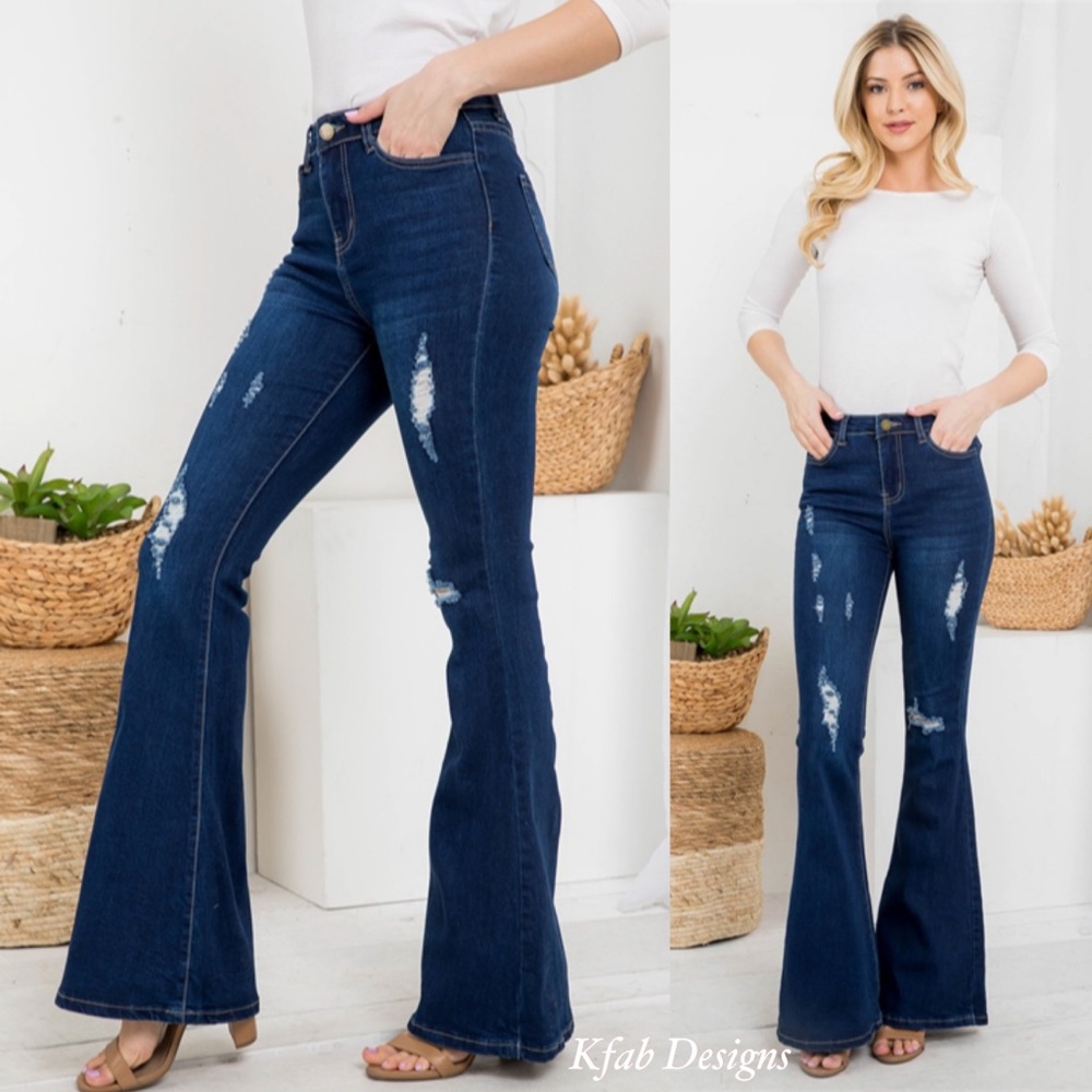 ❤️LAST 3! High Waist Dark Denim Distressed Flare Jeans! - Picture 5 of 7